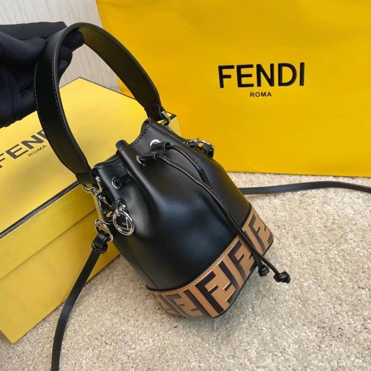Affordable HOT Bag Tresor Fendi FF Black Leather In Motif Mini Bucket Mon Brown Calf 0820